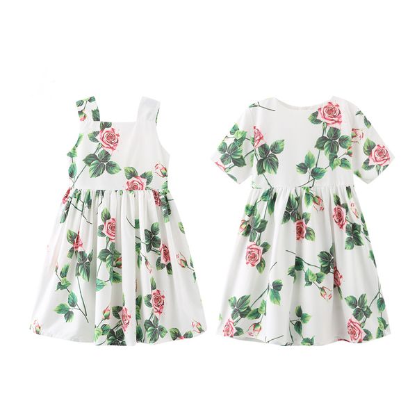 Vestidos de manga corta y chaleco con estampado floral para niñas pequeñas, vestido de princesa plisado con volantes para niños, ropa de boutique de diseñador para niños 2053 Y2