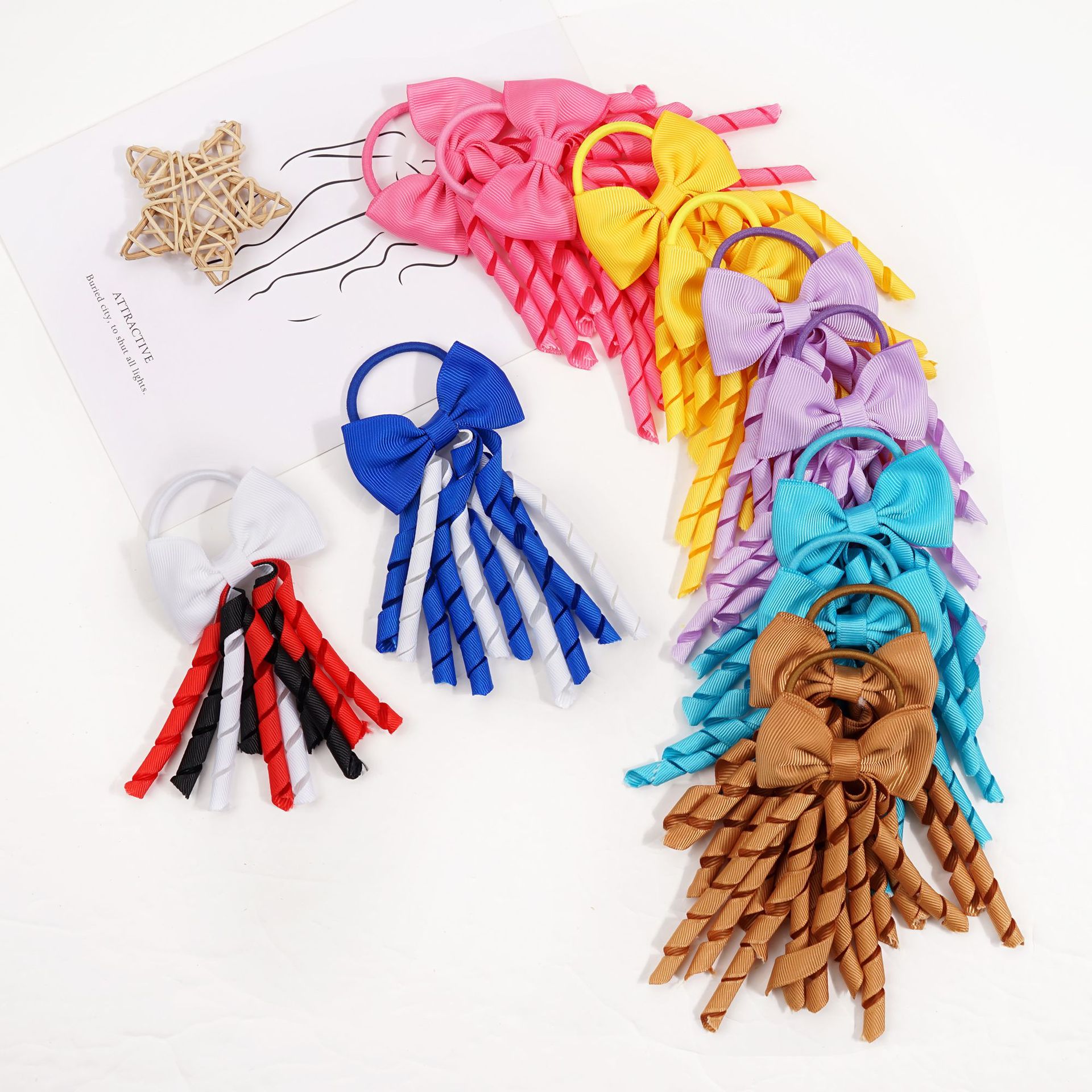 Babymeisjes haarbanden met bogen 4inch lengte grosgrain lint krullende korker haar bogen elastische haarbanden paardenstaarthouders 3061