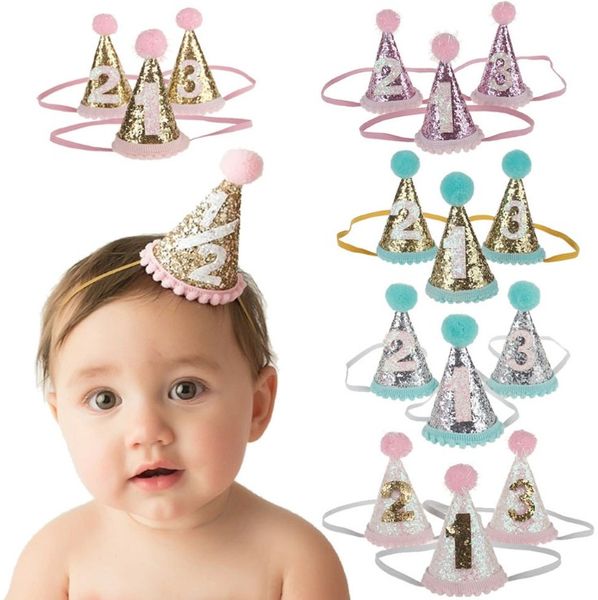 Bebé niñas diademas forma de cono corona Hairband niños brillo fiesta de cumpleaños suministros princesa tiara sombrero boutique accesorios para el cabello Y572