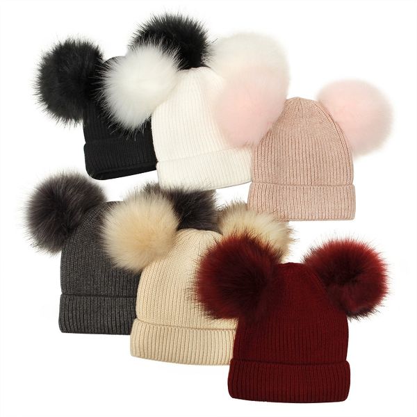 Gorros de punto para niñas bebés, gorros con pompones de ganchillo, gorros, gorro de bola de piel doble, gorro de punto para niños, accesorios para niños pequeños M3811