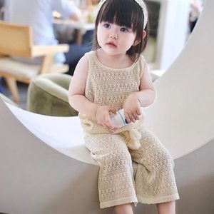 Babymeisjes gebreide openworks t-shirt zomervest trekkoord breien losse broek mode kinderen meisje gebreide tanks katoen breedbeen broek schattige vorm