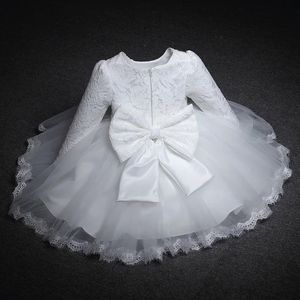 Babymeisjes lange mouw jurken voor kerstfeestje bruiloft kanten big boog jurken baby meisje 1e verjaardag prinses witte doopjurk 240412