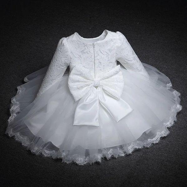 Robes à manches longues pour bébés filles pour fête de Noël en dentelle de mariage avec gros nœud pour bébé fille 1er anniversaire princesse robe de baptême blanche 231226