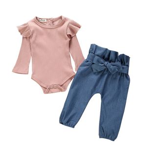 Bébé filles manches longues + pantalon ensemble printemps automne enfants Boutique vêtements 0-2T infantile tout-petits barboteuses nœud pantalon 3 PC ensemble