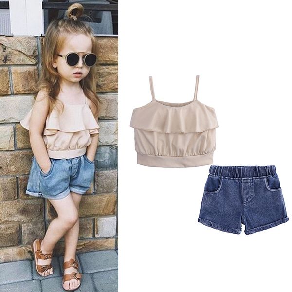 Baby Girls Outfits para niños Brazes de volantes Top+pantalones cortos de mezclilla 2pcs/set 2019 Summer traje de verano Boutique de ropa para niños Conjuntos de ropa C6137