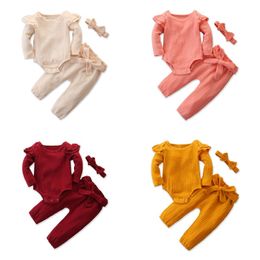 Bébé filles tenues costume 4 couleurs enfant en bas âge à volants à manches longues barboteuse enfants vêtements décontractés filles coton pantalon bandeau enfants ensemble décontracté 407 U2