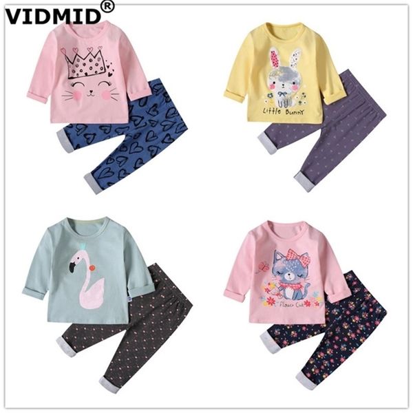 Baby Girls Pijamas Conejos Gatos Conjuntos de ropa Camisetas de manga larga + Pantalones Niños Algodón Ropa interior para niños Conjunto 4049 210622