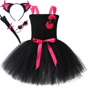 Babymeisjes roze zwarte kat tutu jurk voor kinderen verjaardagsfeestje kitty outfit dieren Halloween -kostuums met oren boogstaart set 240515