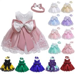 Baby Girls Princess Robe and Hairband 2pcs Elegant Bow Toddler Girl 1 ans Fête d'anniversaire Verstidos de bal de la robe de bal Vestidos Kids Robes 240322