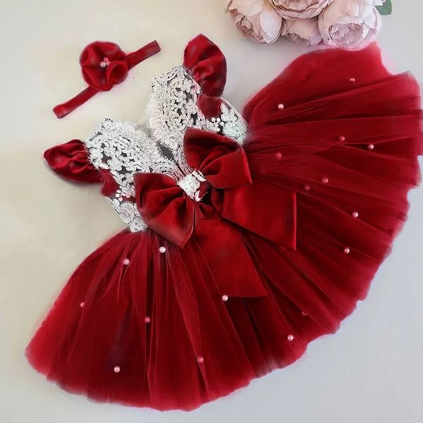 Baby Girls Princess Party Robes Flower Lace Red Christmas Robe pour enfants mignon d'anniversaire de mariage Robe de soirée Costume 240507