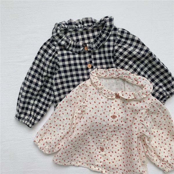 Camisas de muñeca de manga larga a cuadros bonitos de algodón puro para niñas, Tops florales suaves y cómodos de otoño 210508