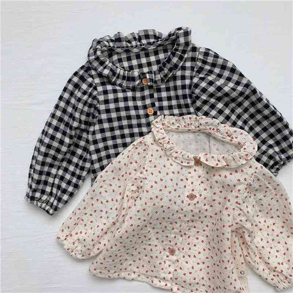 Bebés de algodón puro lindo a cuadros de manga larga camisas de muñeca otoño suave cómodo floral tops 210708