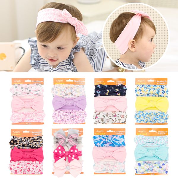 Bebé niñas algodón diademas 3 unids conjunto turbante nudo bowknot bunny hairbands infantil niños elástica floral headwear niños accesorio de pelo kha631