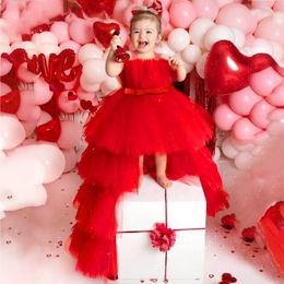 Baby Girls Red Trailing Bow Lace Princess Dress Vestida elegante Boda 2-8 años Vestidos de dama de honor Vestidos para niños 240319