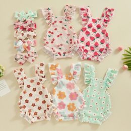 Bébrous filles Romper et bandeau Strawberryflowercherry Imprimer des manches à mouche de mouches Born Born Infant Jumps Suit Summer 240408