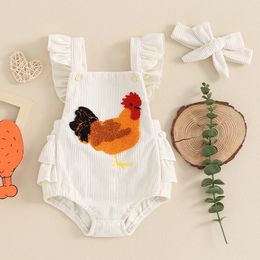 Baby Girls Mompers Fuzzy Rooster broderie à mouches volants volants Bodys Bodys Summer avec bandeau 240408