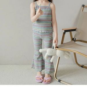 Baby Girls Set Toppants Summer Suit Ice Silk Thin Childrens Striped Camisole Bell Pantalon Twopiece 240408