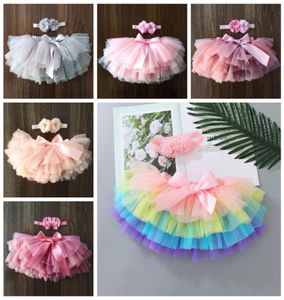 Babymeisjes rokken baby tutu rok hoofdtand 2 stks sets pasgeboren tule boog bloeiers regenboog korte jurken luiers deksel 11 colo8714110