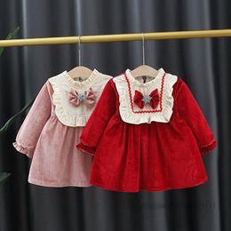 Robes de princesse pour bébés filles, nœuds de neige, col à volants, manches longues, robe plissée, vêtements de fête de noël pour bébé, Z4413
