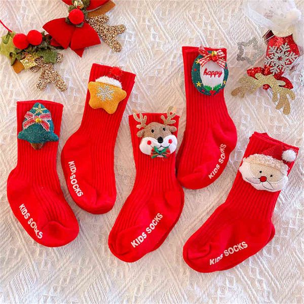 Calcetines para bebés Otoño Niños pequeños Suave Lindo Dibujos animados Niños Calcetín de Navidad Algodón Rojo Recién nacido Socken durante 0-4 años L220716