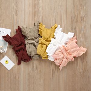 Baby meisjes solide rompertjes katoen vliegende mouw single breasted riem ruche jumpsuit kids onesies meisjes outfits 0-3t 04 29 y2