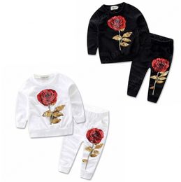 Baby Girls costume Pantalon pull brodé rose 2pcs Ensembles Glitter Bébé Filles Sports Tenue de sport Fashion Baby Vêtements Ensemble Noir Blanc