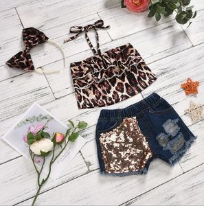 Bébé filles vêtements d'été ensembles enfant en bas âge sans manches à volants léopard débardeurs Sequin Denim Shorts bandeau enfants tenues