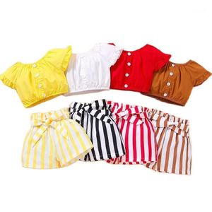 Ropa de verano para niñas pequeñas, conjuntos de ropa de moda para niños pequeños, Tops con hombros descubiertos, pantalones cortos a rayas, conjunto para niños de 2, 3, 4 y 5 años