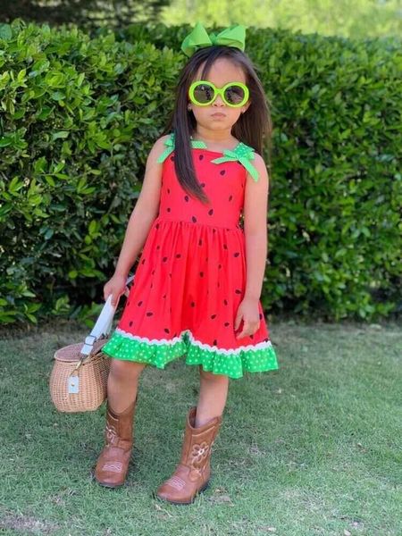 Niñas bebés vestido de verano niñas fruta sandía rojo y verde vestido lindo vestido con lazo al por mayor Q0716