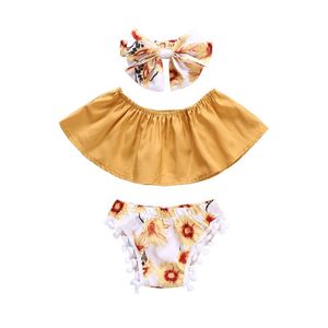 Conjuntos florales de verano para niñas pequeñas, conjuntos de 3 piezas, diadema con lazo, top de tubo para el pecho y pantalones cortos con pompones, ropa de verano con flores para niños pequeños