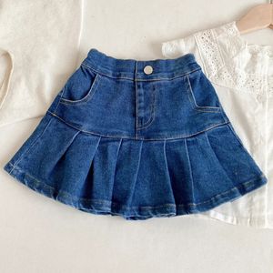 Baby Meisjes Zomer Geplooide Rokken Denim Korte Rokken Mode Kinderen Blauwe Ruche Knop Kleding Elastische Taille A-lijn Minirokken 240325