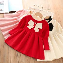 Babymeisjes trui jurken lente 2023 nieuwe kinderen gebreide jurk met lange mouwen schattige boog herfst prinses jurk kinderen meisjes kleding