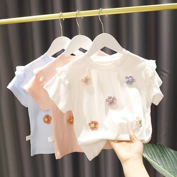 Camisetas de algodón para niñas pequeñas, camisetas de manga corta con flores, ropa de verano para niños, camisa para niñas pequeñas 20220302 Q2