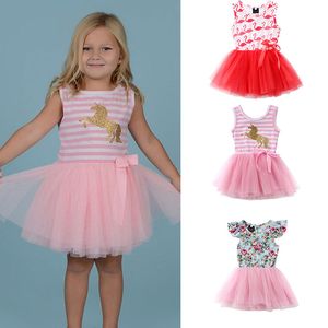 Baby Meisjes Flamingos Floral Gedrukt Jurk Kinderen Kant Tulle Princess Jurken Zomer Boutique Kinderkleding C4073