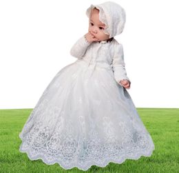 Baby meisjes witte doopjurk Bebe lange mouw verjaardag borduurwerk vintage jurk mesh doopjurk met hoed voor pasgeboren 12M F2500171