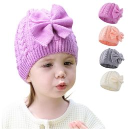 Gorros de lana de colores puros para niñas, gorros tejidos con lazo para niños, gorro para Otoño e Invierno para niñas, 4 colores