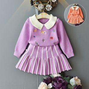 Baby girsl kleren winter gebreide trui tweedelige revers schattige bloemen trui gestreepte truien rok warme babymeisje trui set