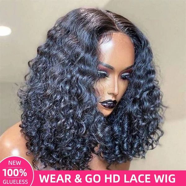 Perruque Bob Lace Closure Wig brésilienne naturelle, cheveux de bébé, sans colle, ondulée HD, pre-plucked, boucles courtes et ondulées, pour femmes