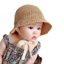 Baby Hat Summer Straw Girl Cap Fashion Lace Bow Beach Children Panama Princess Hats and Caps Kids 240430