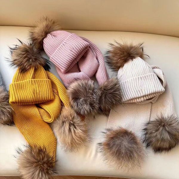 Bébé chapeaux enfants enfant en bas âge chapeau écharpe ensembles cadeau filles garçons enfants fille casquettes mignon hiver chaud tricoté pompon bébé casquette bonnet solide boule de cheveux