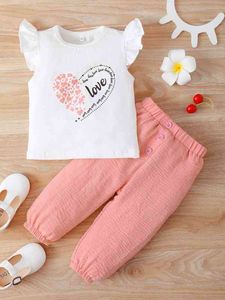 Baby Heart Letter Graphic Flutter Sleeve Tee Fake Button Pants SHE