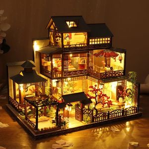 Babyhuis Mini Miniatuurpop DIY Kleine kit Kamerspeelgoed maken Huis Slaapkamerdecoratie met meubilair Houten knutselwerk 240111