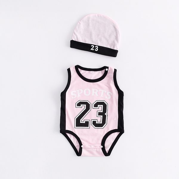 Bébé bébé garçon vêtements barboteuse fille basket-ball imprimer combinaison à manches courtes avec chapeau 100% coton été vêtements d'escalade mignon