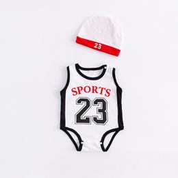 Bebé Infante Niño Ropa de diseñador Mameluco Niño Niña Baloncesto estampado Mameluco de manga corta con sombrero Bebé Escalada 100% algodón Mameluco lindo