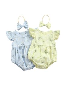 Combinaison bébé avec cheveux enfant imprimé floral col rond manches volantes costume moulant + bandeau été bleu/jaune 0-24 mois 240315