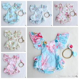 Combinaisons pour bébé Ensemble à volants Tutu Floral Romper Été Enfant en bas âge Imprimer Bow Bandeau Body Fille Coton Escalade Mode Barboteuses Vêtements J143