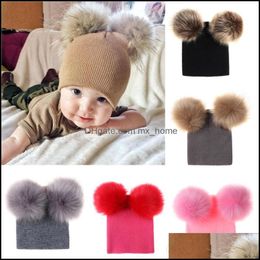 Bébé Enfants Bonnets Automne Hiver Mode Nouveau-né Chaud Tricoté Grand Double Boule Chapeaux De Laine Infant Toddler Venonat Drop Delivery 2021 Caps Acce