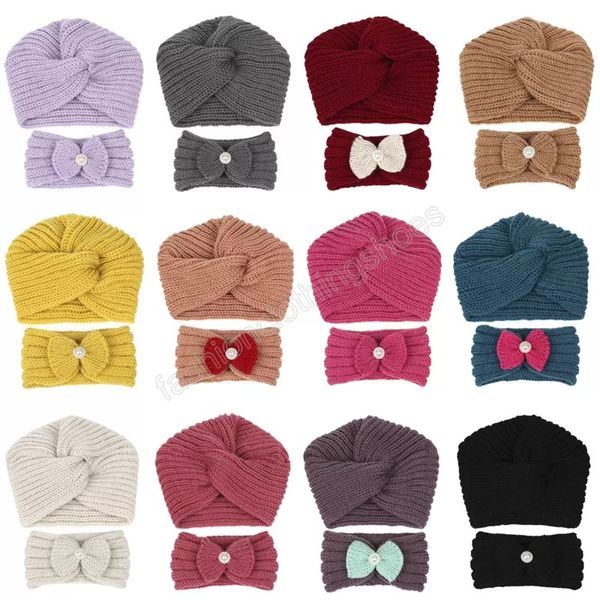 Bébé enfants nœud papillon bandeau mère noeud tricoté chapeau 2 pièces/ensemble tout-petits enfants chapeaux bandeau adulte Turban bonnets casquettes ensemble