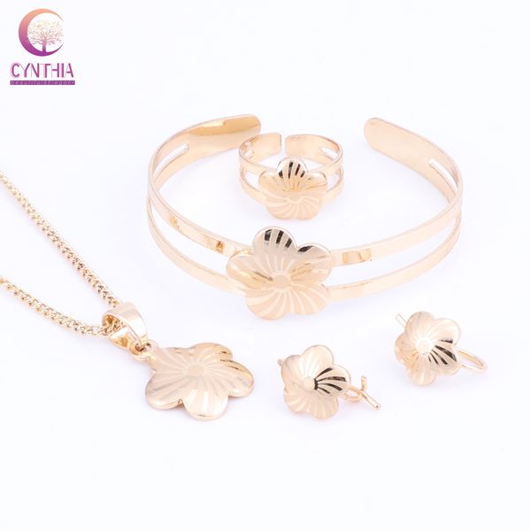 La joyería fija el bebé niños niñas color oro Anillo ajustable lindo pendientes de la pulsera del collar pendiente de la flor