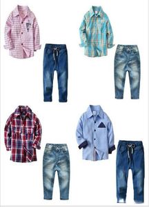 Bébé Enfants Vêtements Garçons Gentleman Tenues Chemise À Carreaux Jeans Denim Pantalon D'été Formel Tops Pantalons Costumes Enfant Mode Coton Clothin1103992